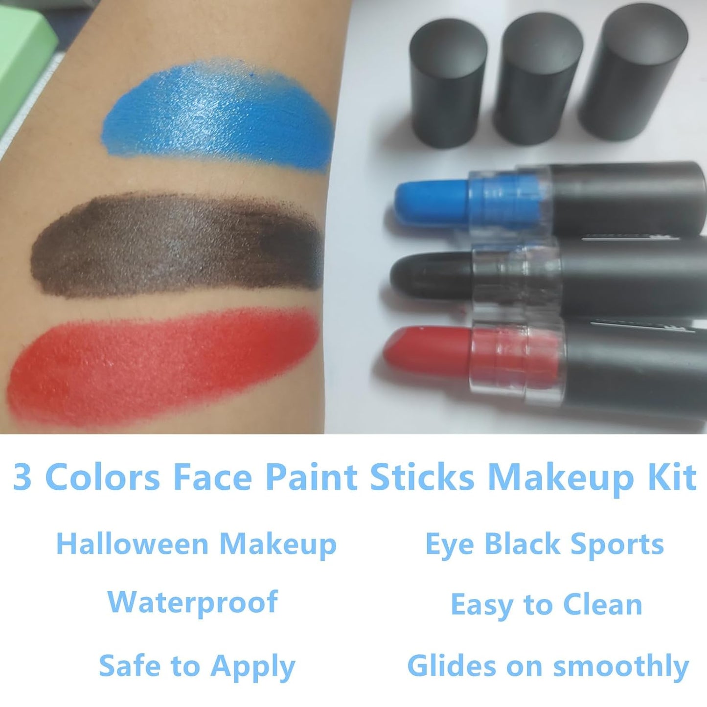 Go Ho 3 PCS Red Black and Blue Cream-Blendable Stick - 3 Colors Eye Black Face Paint for Softball/Baseball,Safe Facepaint Nose&Lip Smacking for Halloween SFX Makeup
