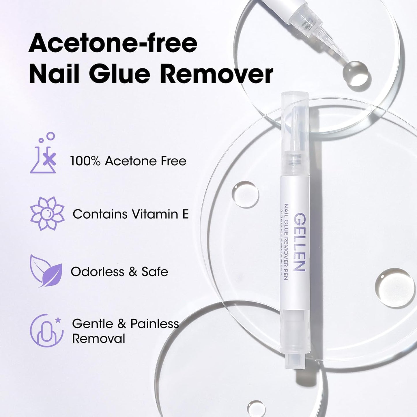 Gellen Nail Glue Remover 5 Pcs, Glue Remover Pen for Press on Nails, Non Acetone Press on Removal, 10s Quick Remove for Nail Tips Fake Nails Solid Glue Gel