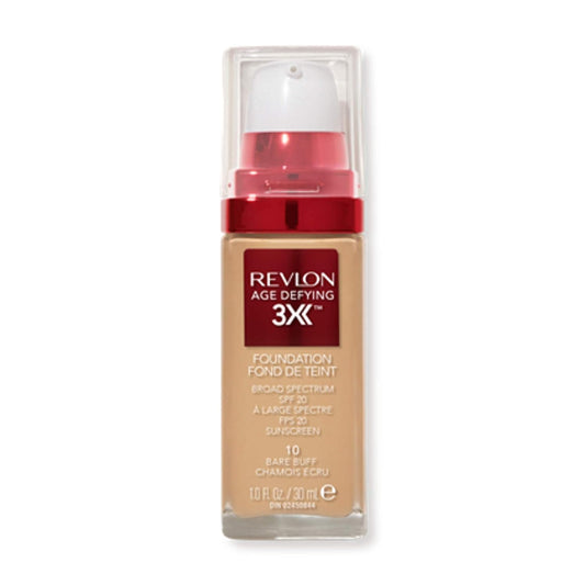 Revlon Liquid Foundation, Age Defying 3XFace Makeup, Anti-Aging and Firming Formula, SPF 30, Longwear Medium Buildable Coverage with Natural Finish, 010 Bare Buff, 1 Fl Oz
