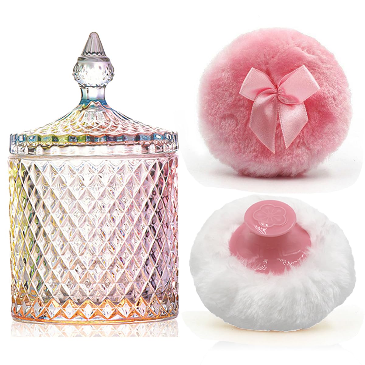 Luxury 4.2 Inch Glass Powder Container with 2 Plush Puffs｜Non-Sealed Refillable Organizer for Body Powder&Makeup｜Setting Powder Applicator w/Loose Powder Storage(Pointed Cylinder-Colorful-Large)
