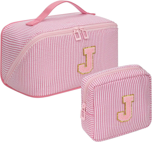 Travel Makeup Bag for Women, 2Pcs Portable Personalized Initial Makeup Organizer Bag, Open Flat Large Cosmetic Bag With Travel Essential Pouch (Pink Letter J)