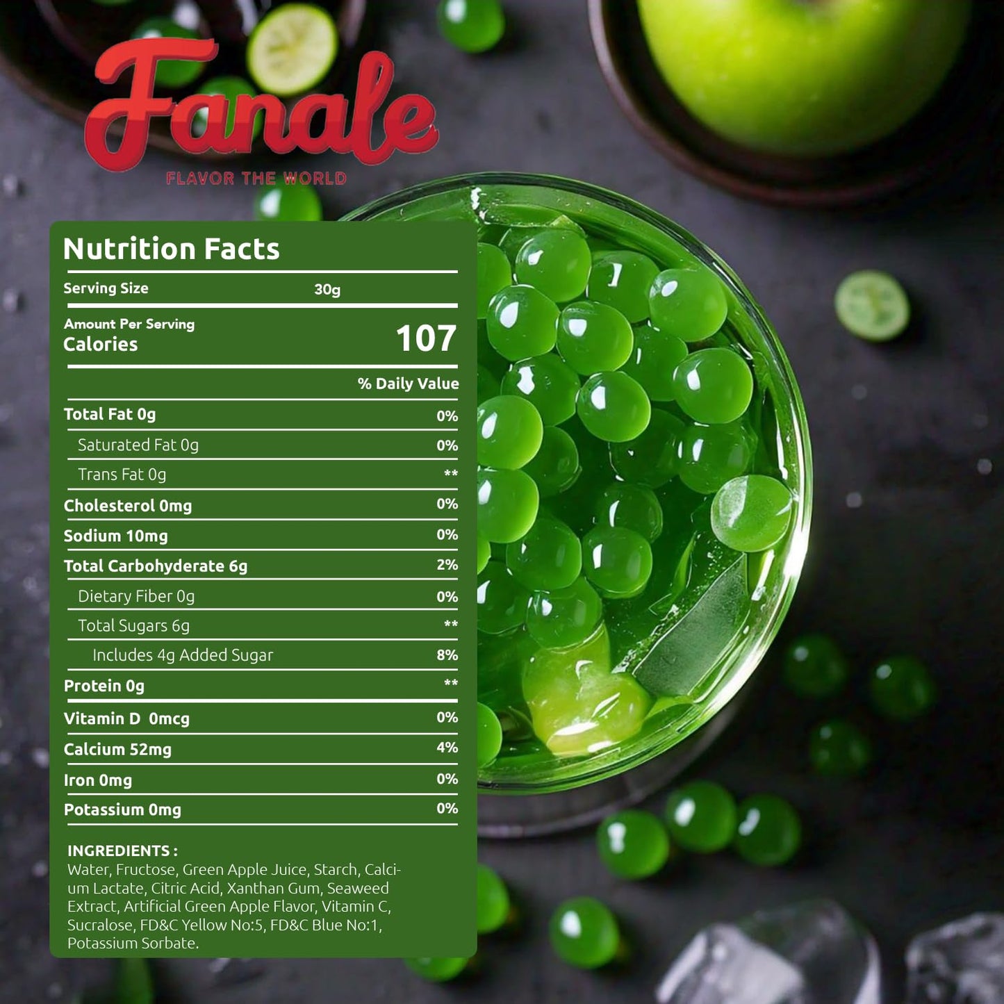 Fanale Green Apple Popping Boba Pearls, Vegan, Non GMO, Gluten Free, Fat Free, Perfect for Bubble Tea, Smoothies, Ice Cream, Desserts, and Beverages.