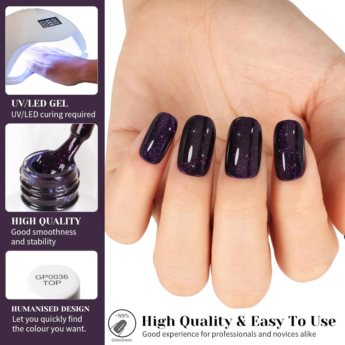 Dark Purple Glitter Gel Polish,Sparkly Shimmer Glitter Purple Gel Nail Polish,0.51 Fl Oz Soak Off UV Gel Polish for Nail Art Starter,Manicure Salon,Girls Women Gifts - GP0066