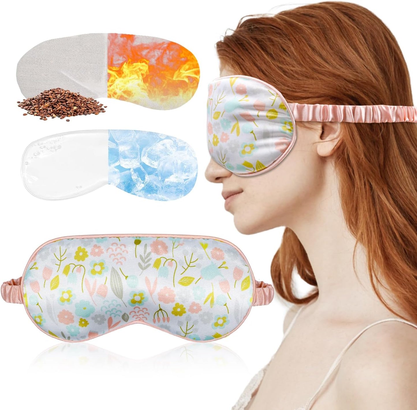 Warm Cold Eye Mask Silky Sleep Mask with Cooling Gel & Weighted Microwavable Moist Flaxseed Pad Compress for Dry Eyes Care Sleeping Women Blindfold for Migraine Puffy Swollen 3 in 1