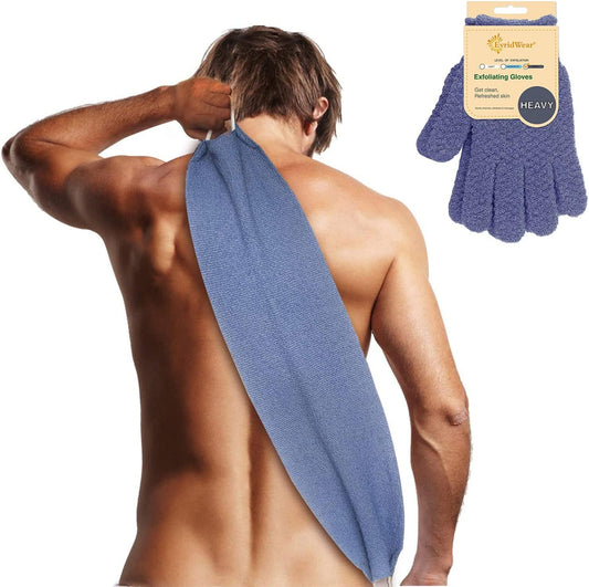 Evridwear Exfoliating Back Scrubber with Handles Two Sides for Body Shower Deep Cleans Skin Massages Invigorating Blood Circulation Men Women One Size (Back Scrubber + Heavy Gloves)