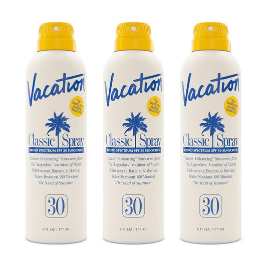 Vacation Classic Sunscreen Spray SPF 30, Water-Resistant, Lightweight, Transparent on All Skin Tones, Dermatologist-Tested, Vegan, 6 Fl. Oz. (Value Pack of 3)