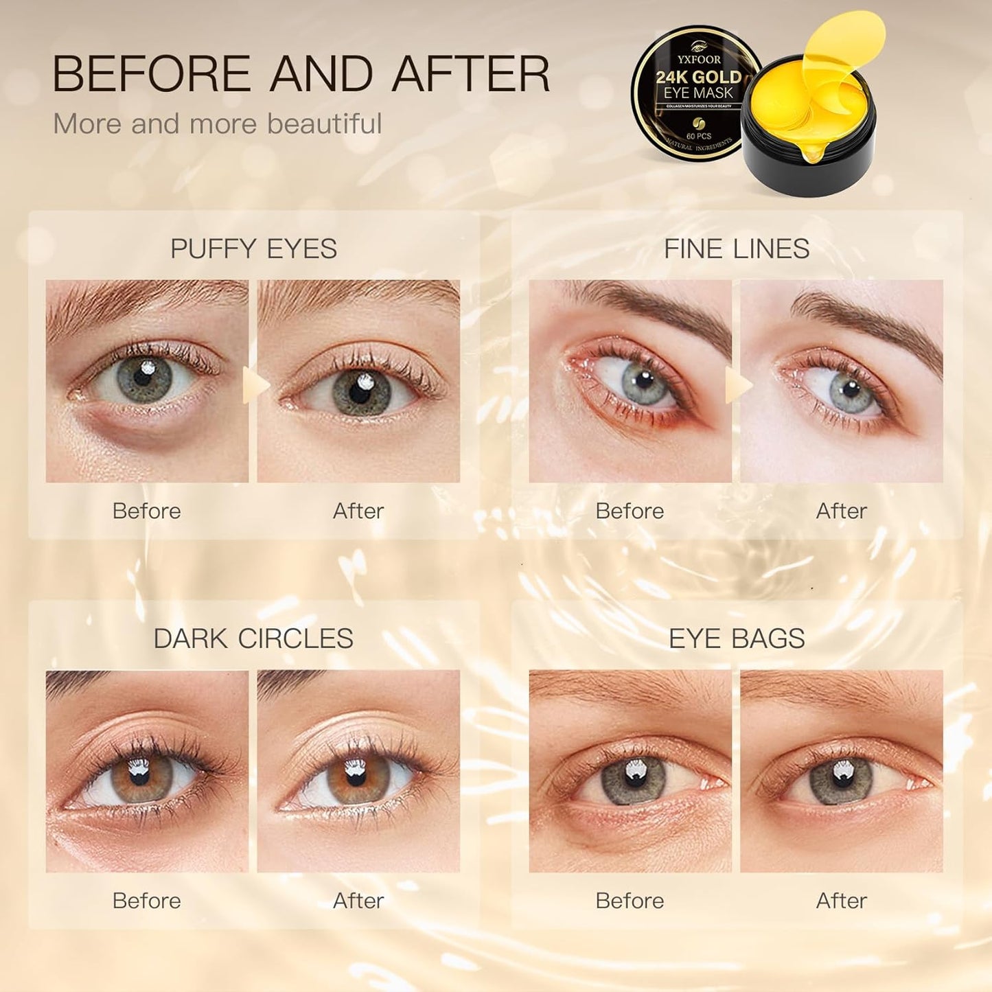 Under Eye Patches (24K Gold, 60PCS) - Under Eye Mask for Puffy Eyes, Fine lines, Dark Circles and Puffiness, Collagen Skin Care Products