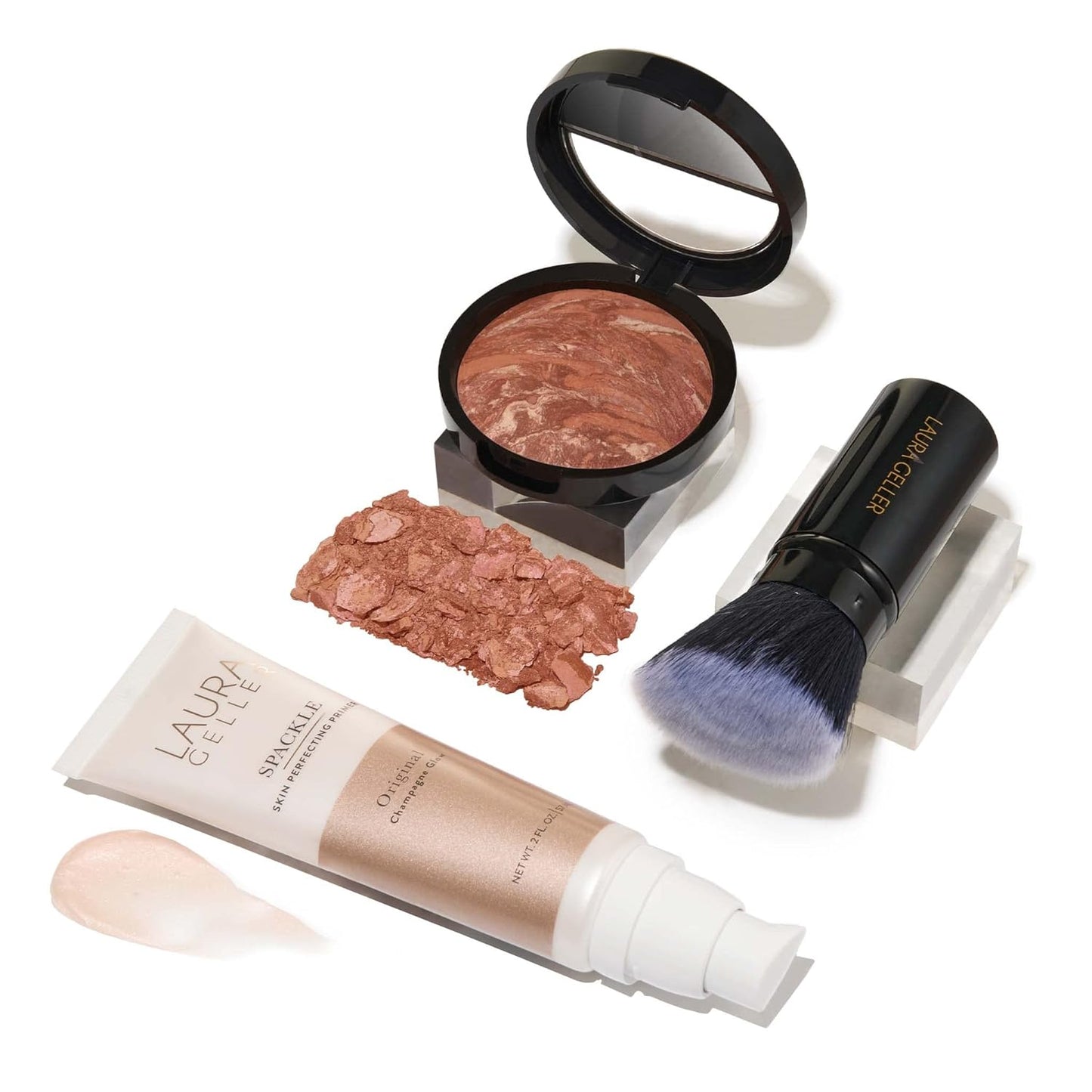 LAURA GELLER NEW YORK Ready-n-Radiant Kit (3 PC) - Baked Bronze-n-Brighten, Deep + Spackle Super-Size Skin Perfecting Primer, Champagne Glow + Retractable Angled Kabuki Brush
