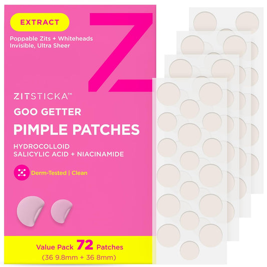 ZitSticka Pimple Patches for Face and Body, Goo Getter Hydrocolloid Patches to Cover Zits & Blemishes, Acne Patches or Zit Spot Stickers, Body Blemish Patch (72 Pack)