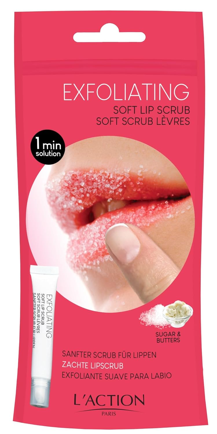 L'Action Paris Exfoliating Soft Lip Scrub, Smooth and Plumped Lips, Sugar Crystals for Gentle Exfoliation, Slanted Applicator, Soothing Shea and Mango Butter Formula 12ml