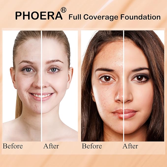 2 Pack PHOERA Foundation Nude 102 and Face Primer, Liquid Full Coverage Foundation Set, Foundation Brush Powder Brush,5 Makeup Sponge,24 HR Matte Oil Control Concealer (102 Nude)