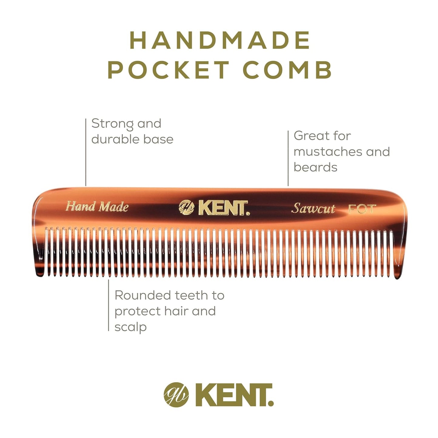 Kent A FOT Tortoiseshell Fine Tooth Handmade Pocket Comb for Men, Women and Kids, Hair Comb Straightener for Grooming and Styling, Beard and Mustache, Saw Cut and Hand Polished, Made in England