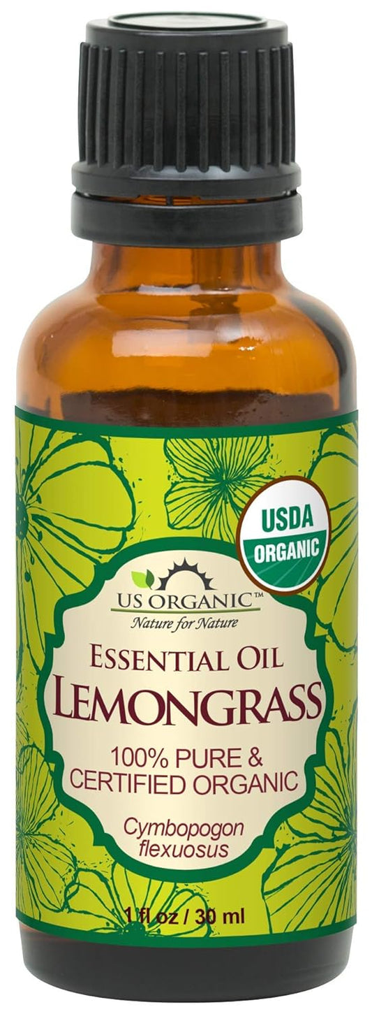 US Organic 100% Pure Lemongrass Essential Oil, USDA Certified Organic, Extracted by Steam Distillation Method, for Hair, Nail Polish Remover, Bees Attraction, and More. 30 ml