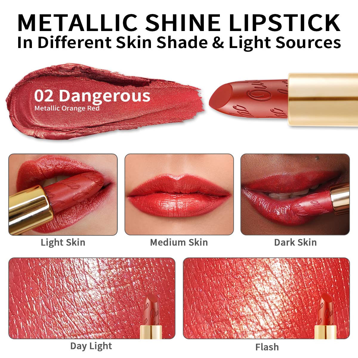 Oulac Orange Red Lipstick for Women with Metallic 3D Shine Lightweight Hydrating Formula, High Impact Lip Color, Vegan Beauty, Full Coverage Lip Makeup, Christmas Gifts for Women, Dangerous(02)