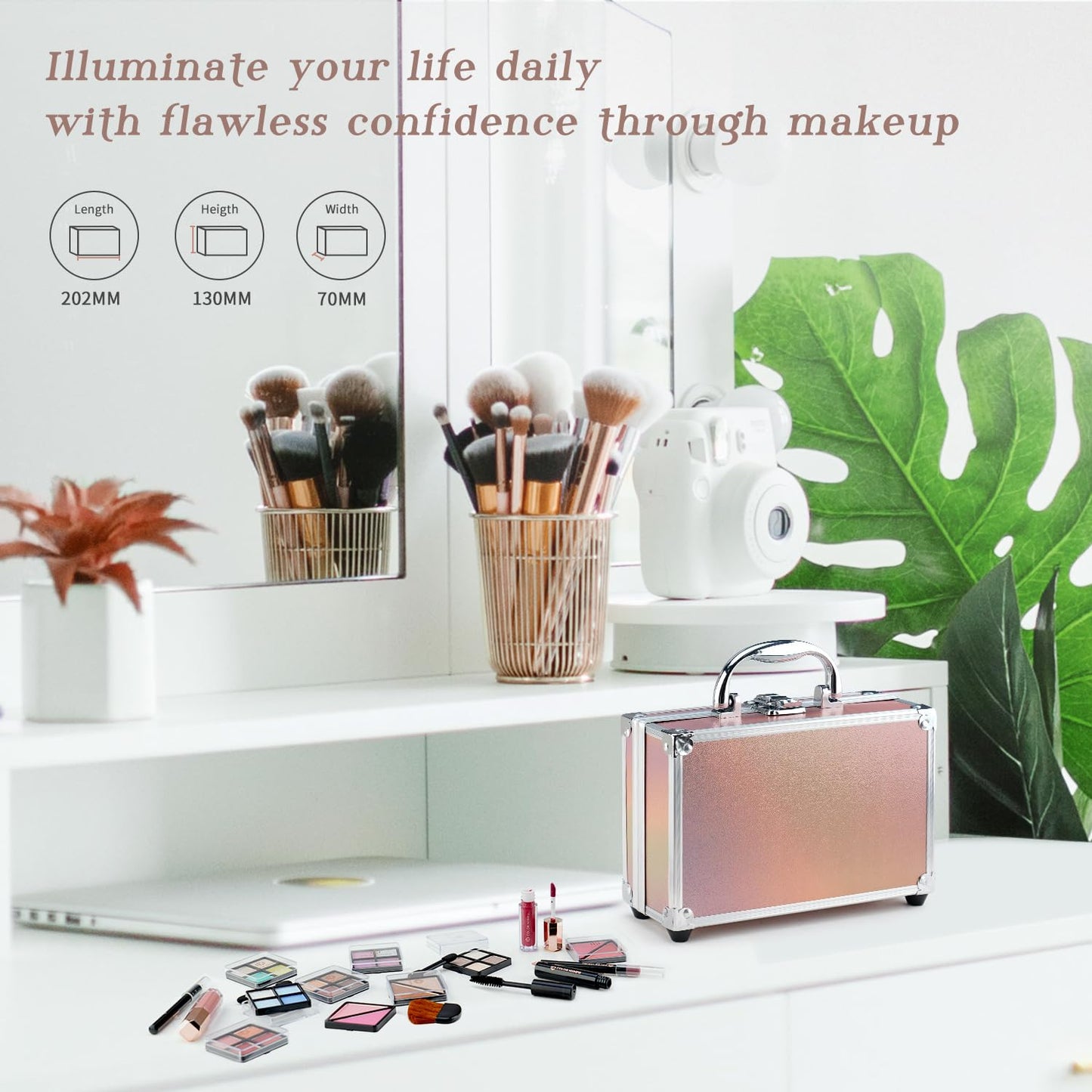 Color Nymph Beginner Makeup Kits For Teens With Train Case Included Full Makeup Kit Eyeshadow Palette Blushes Bronzer Highlighter Lipstick Brushes Mirror（Gold）