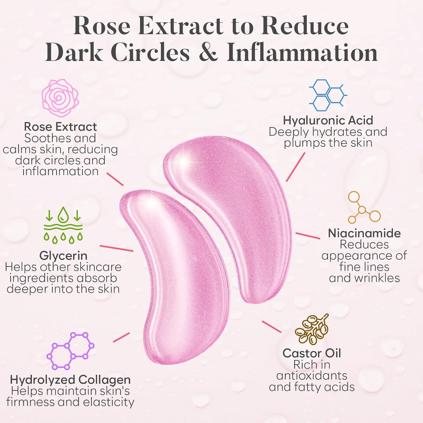 Rose Eye Mask (30 Pairs) | Eye Masks with Niacinamide & Hyaluronic Acid | Under Eye Patches for Dark Circles | Under Eye Patches for Puffy Eyes | Eye Care