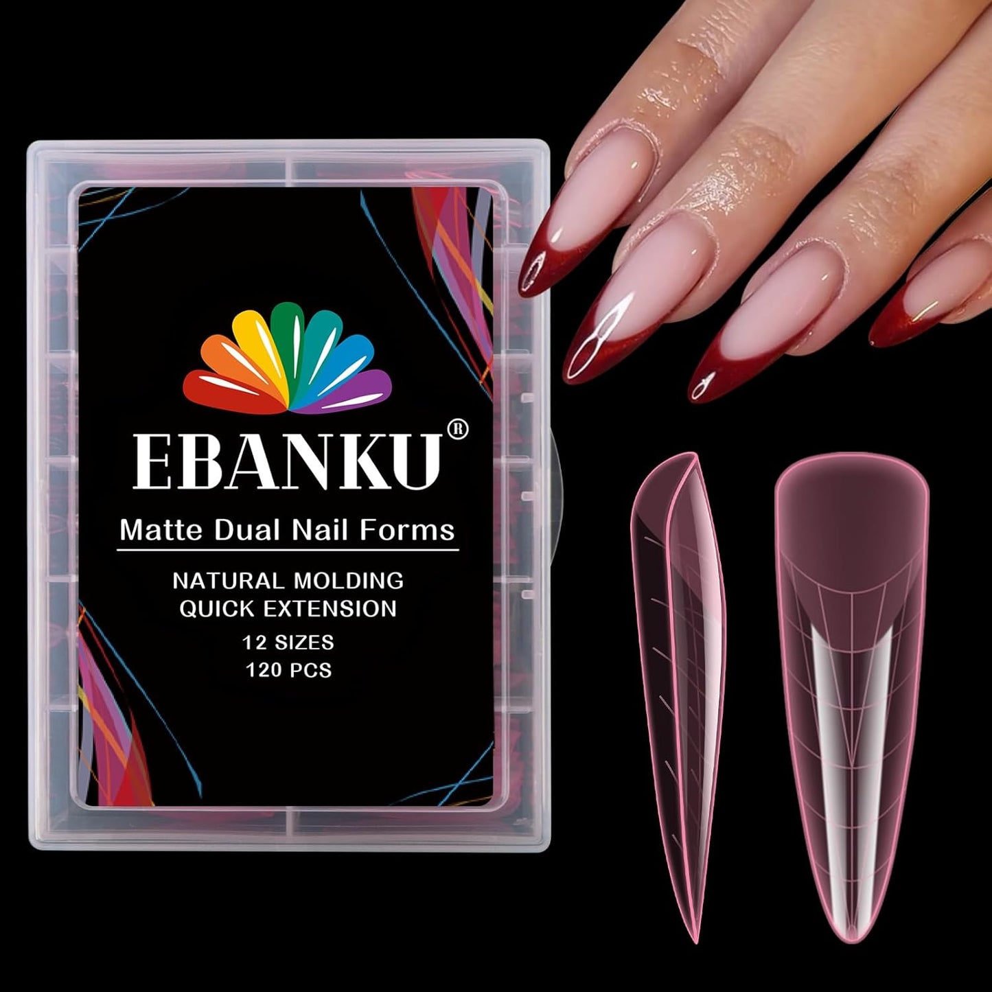 EBANKU Dual Nail Forms for Poly Extension Gel, 120 PCS Pink Nail Molds 12 Sizes Nail Extension Forms for Builder Gel Manicure Design Salon DIY