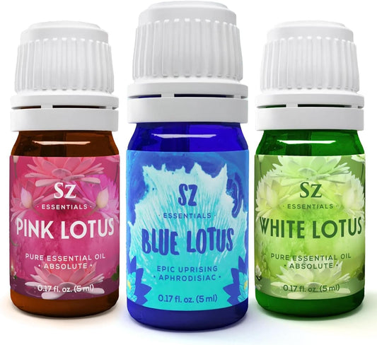 Divine Essential Oils Collection - Blue, Pink, White Lotus - Set of 3 Bottles (0.17 Fl Oz - 5ml Each) - 100% Pure, Natural & Undiluted - Therapeutic Grade & Vegan