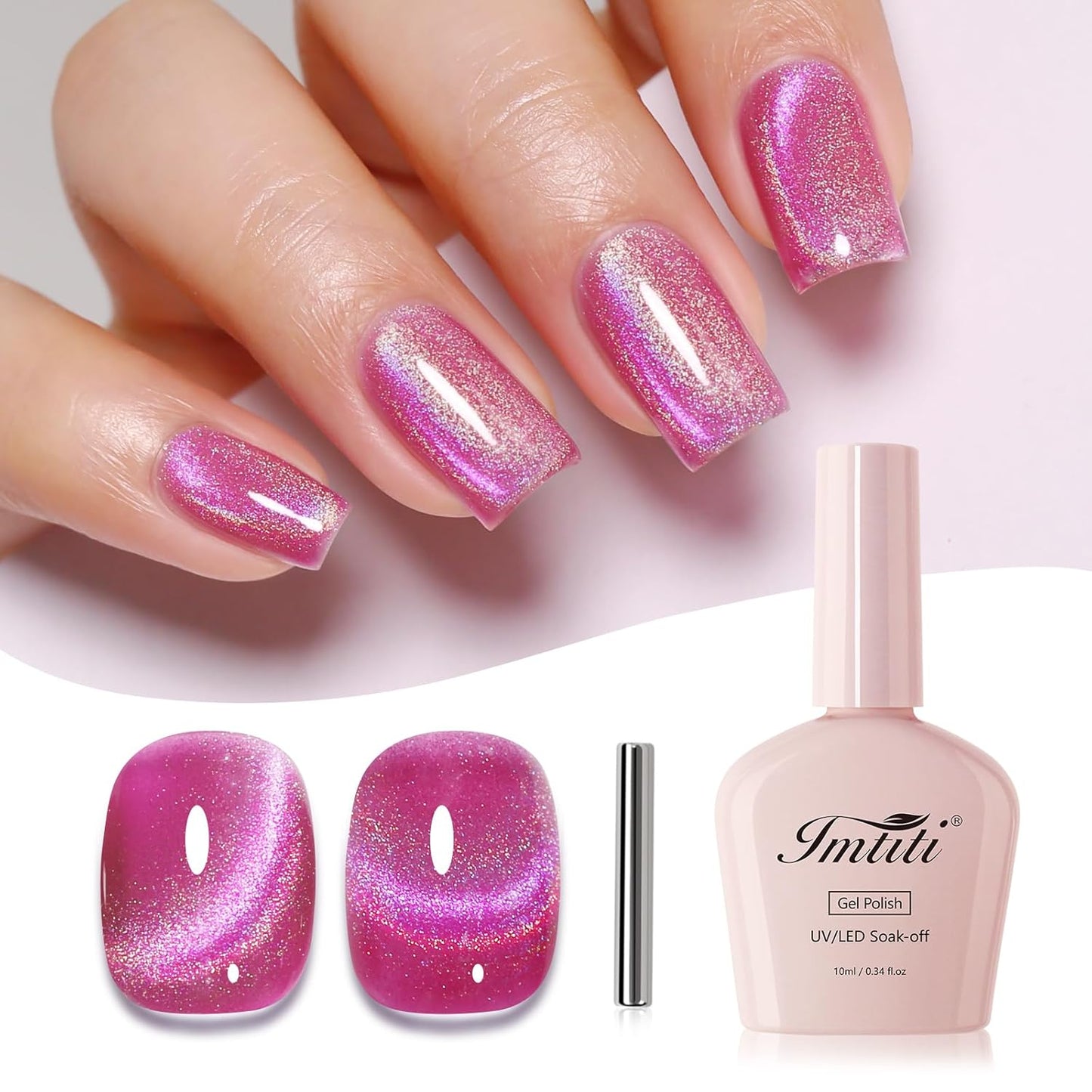 Imtiti Cat Eye Gel Nail Polish, Pink Rainbow Holographic Magnetic Gel Polish With Magnet Glittery Iridescent Galaxy Nail Gel Polish Spring Summer Gel Polish Kit Soak Off UV Led 10ML