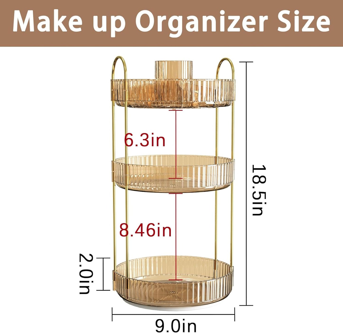 Rotating Makeup Organizer for Vanity, High-Capacity Skincare Clear Make Up Storage Perfume Organizers Cosmetic Dresser Organizer Countertop 360 Spinning (Gold, New-3 Tier)