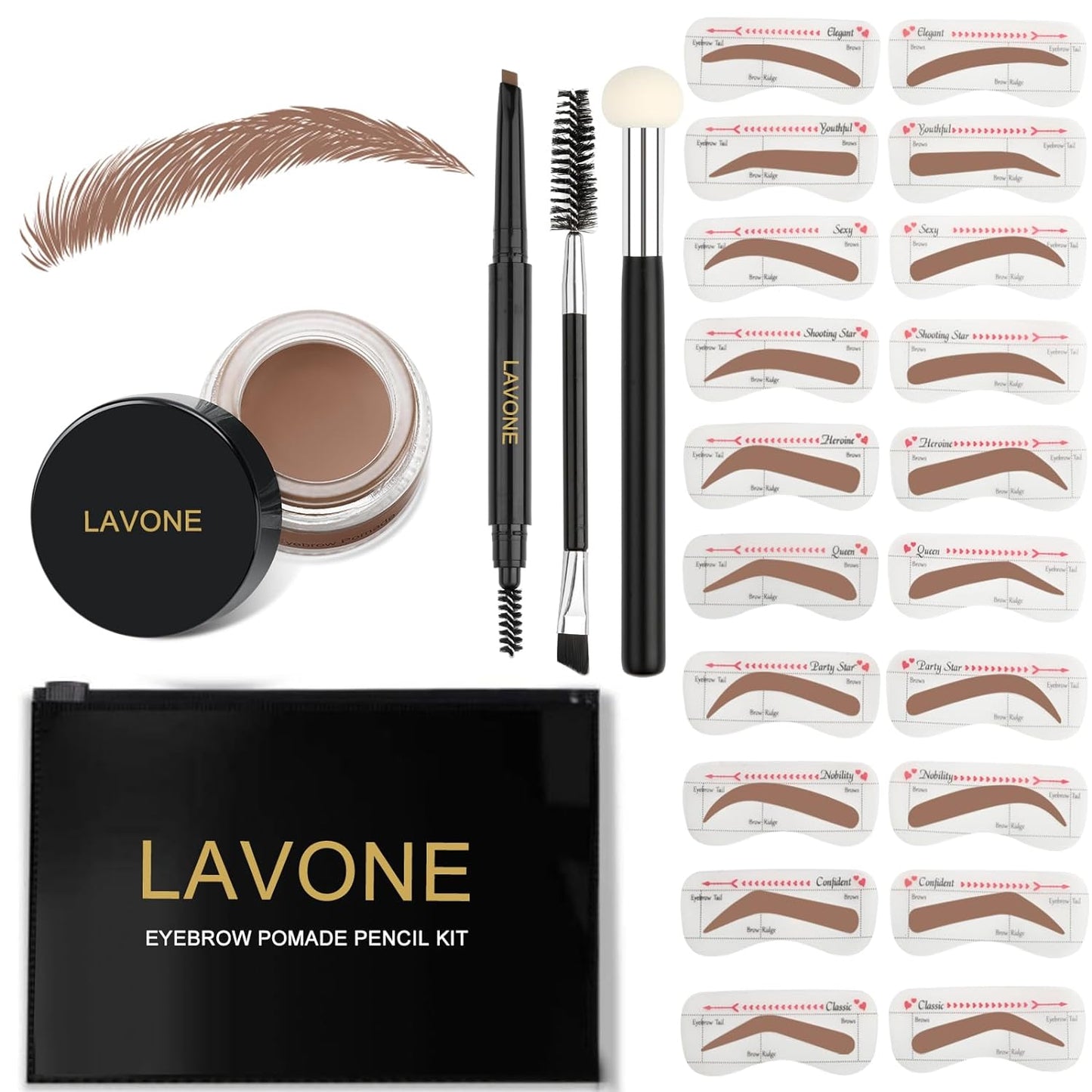 LAVONE Eyebrow Stamp Stencil Kit - Brow Stamp Trio with Waterproof Eyebrow Pencil, Pomade, 20 Stencils, Dual-ended Brush and Sponge Applicator - Ash Brown