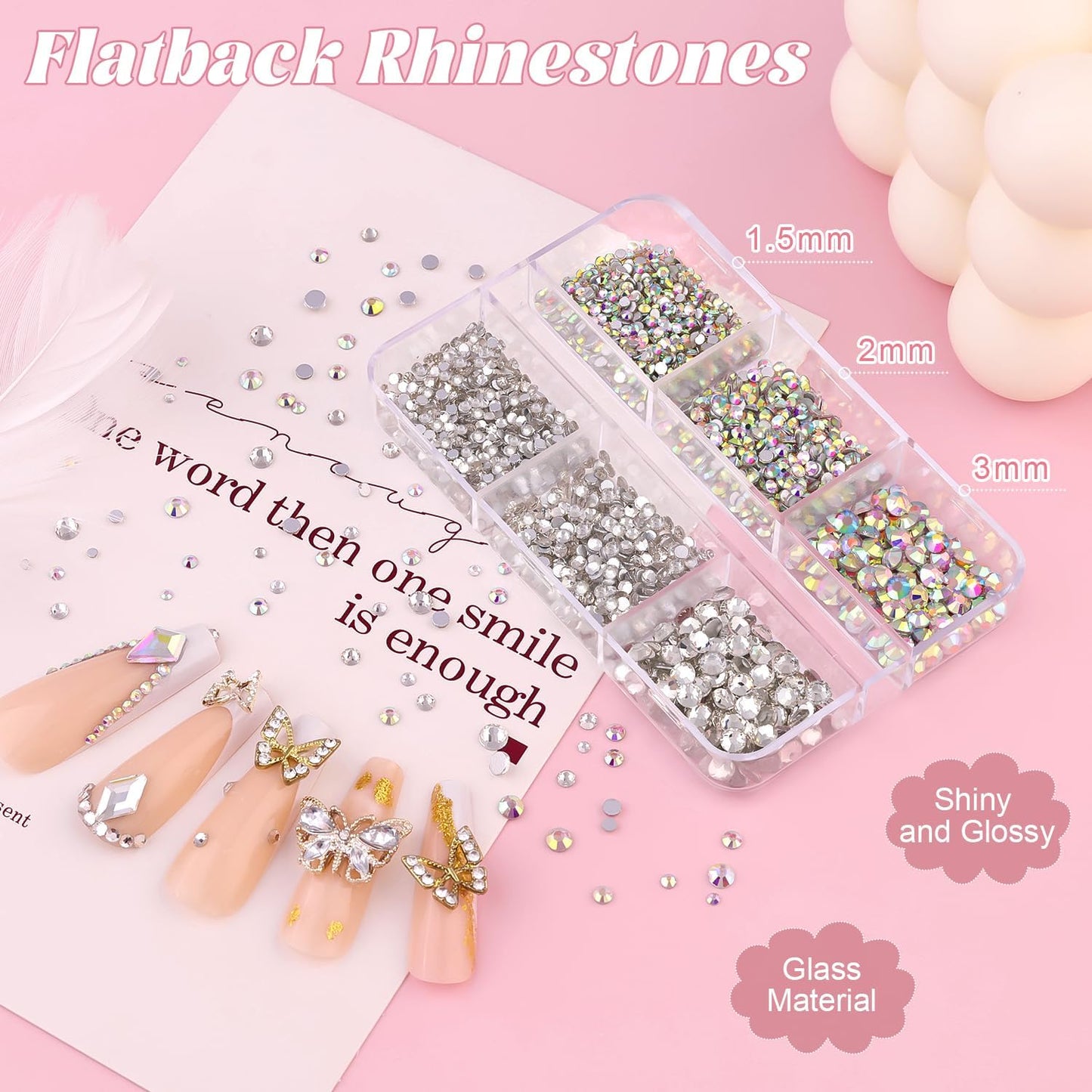 Flatback Pearls (White) and Metal Nail Beads (Silver) and Glass Rhinestones (Clear+AB) with Rhinestones Glue Gel for Nail Art, Pearl Nail Charms and Round Caviar Beads Crystals Gem for Manicure Decor