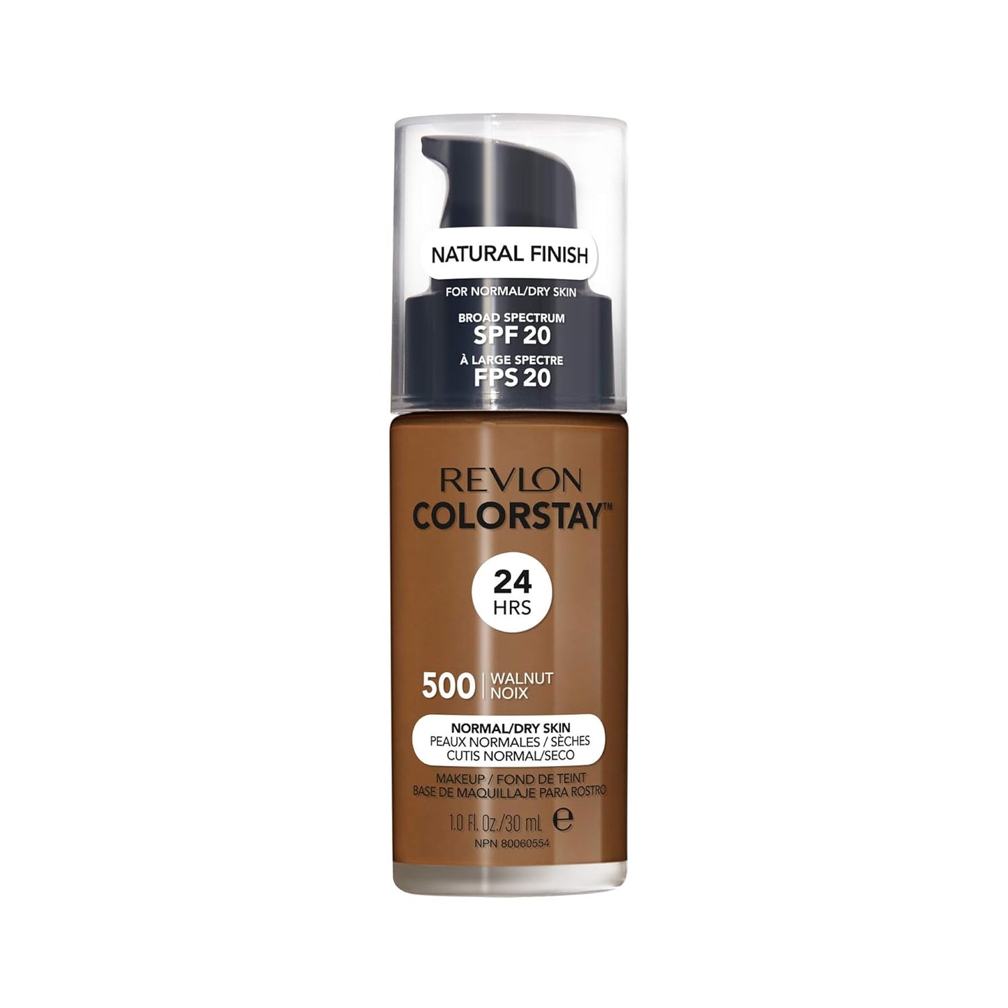 Revlon Liquid Foundation, ColorStay Face Makeup for Normal & Dry Skin, SPF 20, Longwear Medium-Full Coverage with Natural Finish, Oil Free, 500 Walnut, 1 Fl Oz