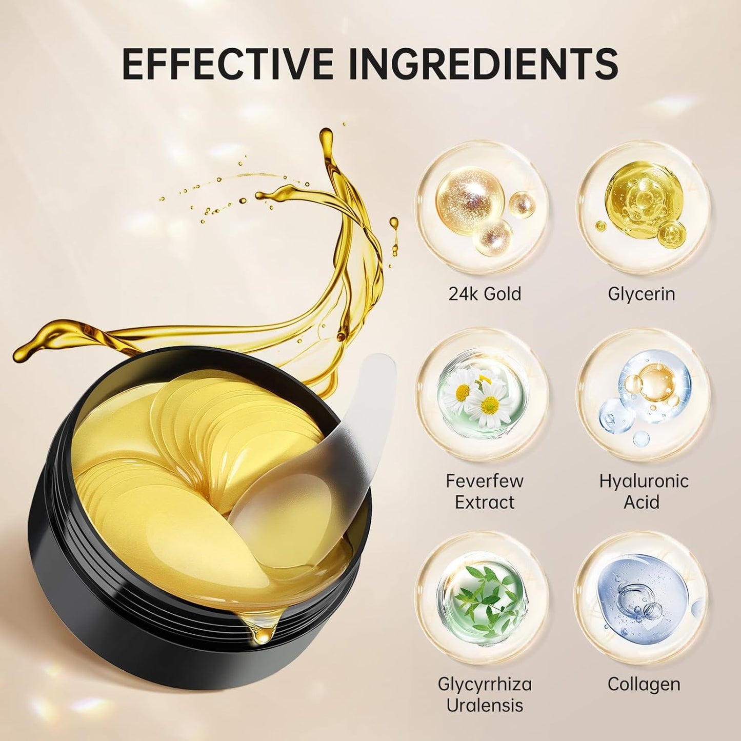 Under Eye Patches for Dark Circles, Eye Masks for Puffy Eyes Wrinkles Under Eye Bags Firmness 30 Pairs Skin Treatment Pads with Hyaluronic Acid and Collagen Gifts for Women Men (Gold)