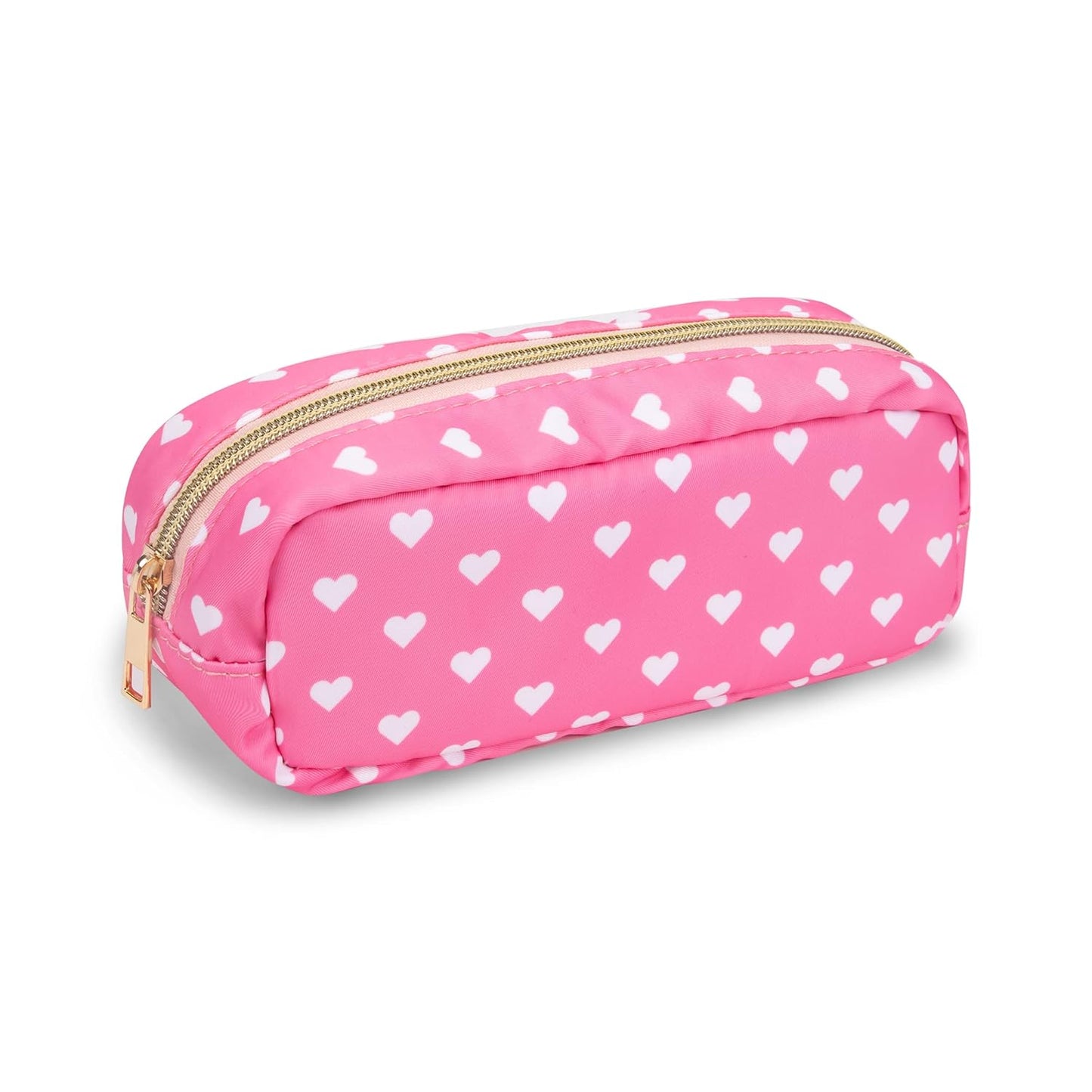 Small Pencil Case Makeup Bag for Purse, Cute Pencil Pouch Preppy Nylon Makeup Brush Bag with Zipper , Girls Portable Stationery Storage Case Small Pen Bag for Office School College(Slim-Pink Heart)