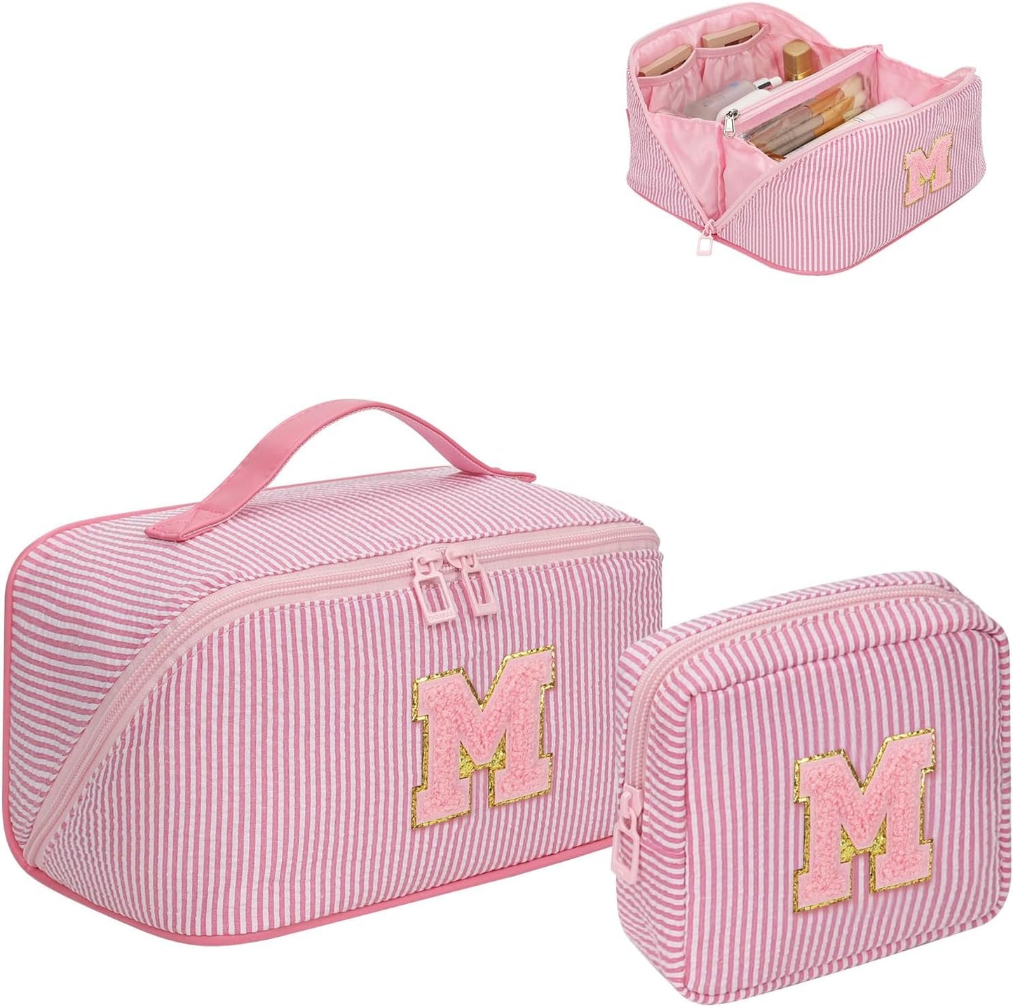 Travel Makeup Bag for Women, 2Pcs Portable Personalized Initial Makeup Organizer Bag, Open Flat Large Cosmetic Bag With Travel Essential Pouch (Pink Letter M)