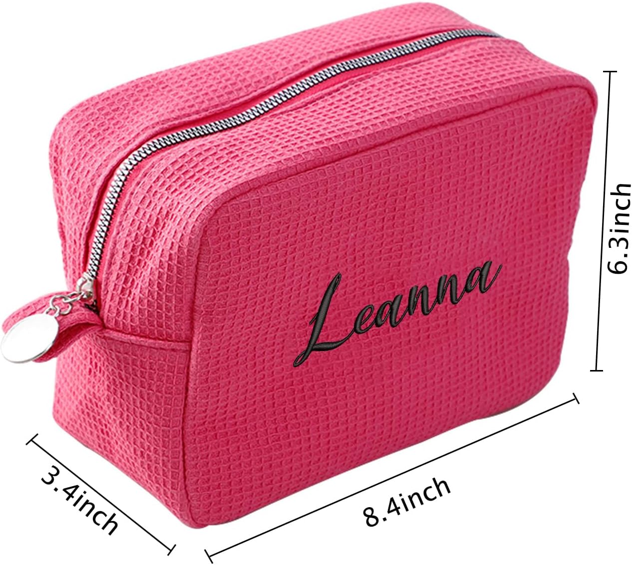 GOPHIE Personalized Embroidered Makeup Bag,Custom Waffle Fabric Cosmetic Pouch for Women, Travel Makeup Pouch (6, Hot Pink)
