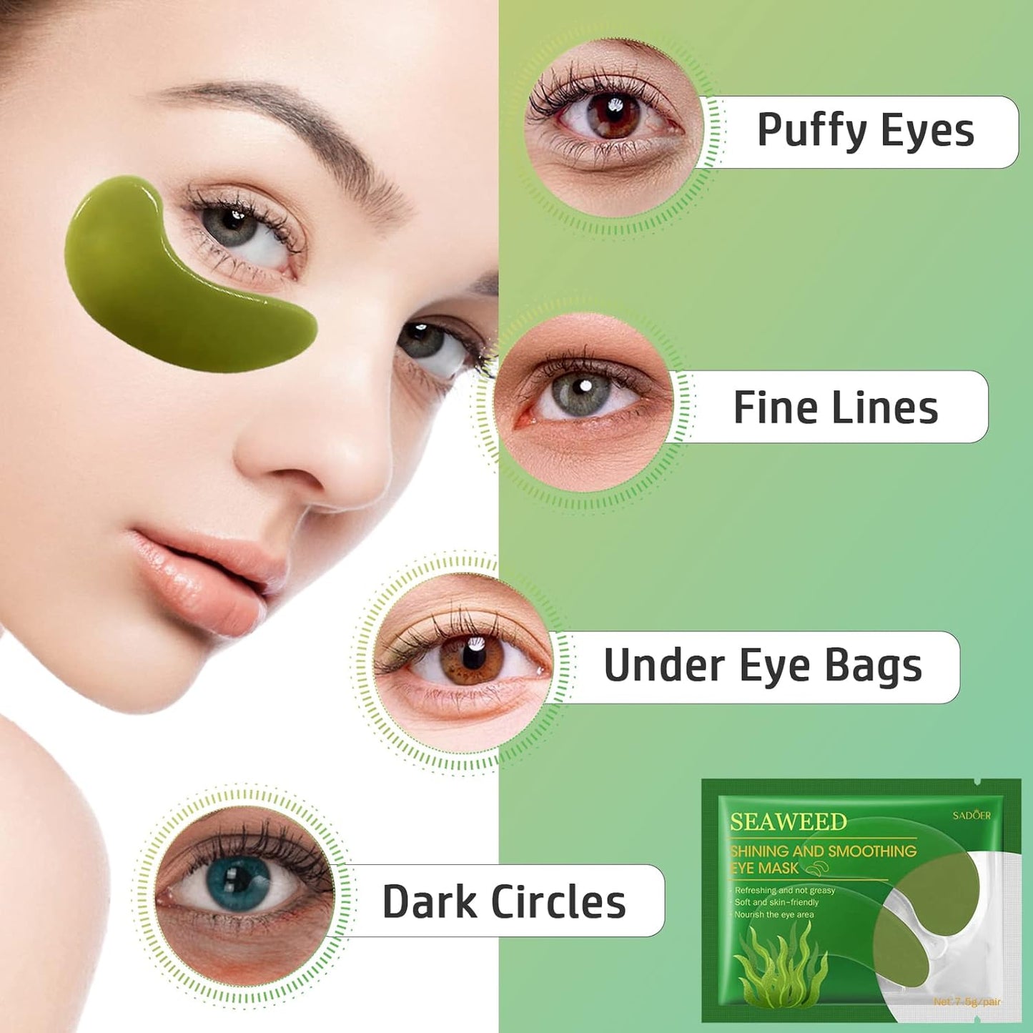 Adofect Eye Mask Collagen Eye Gel Pads Under Eye Mask for Puffiness and Dark Circle Under Eye Patches for Women and Men (Seaweed Green)
