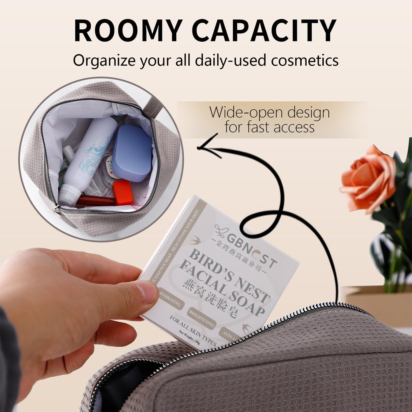 Personalized Embroidered Makeup Bag,Custom Waffle Fabric Cosmetic Pouch for Women, Travel Makeup Pouch (6, Gray)