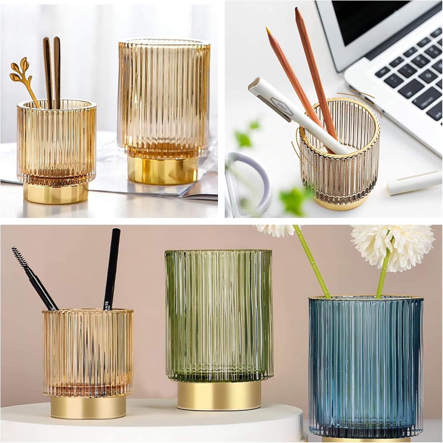 DASITON Makeup Brush holder Organizer,Crystal Cosmetic Makeup Brush Glass Brushes Storage Holder, Vintage Make Up Brush Cup Pen Pencil Holder striped vase(Coffee S＋L)