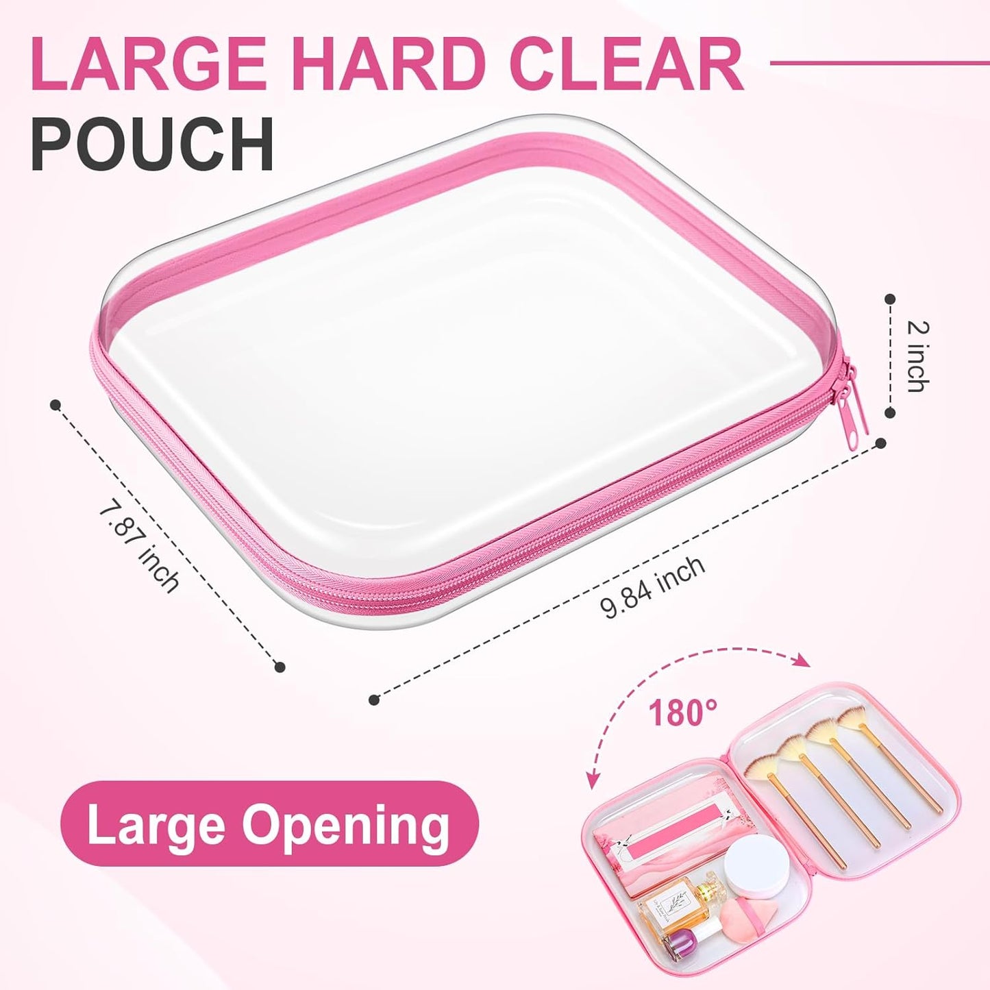 Sanwuta 6 Pcs Clear Hard Zipper Case Pencil Pouches Hard Plastic Zipper Pouches Makeup Bag Transparent Cases for Snacks Plastic Storage Organizer Box for Travel(Pink,9.84 x 7.87 x 2 Inch)