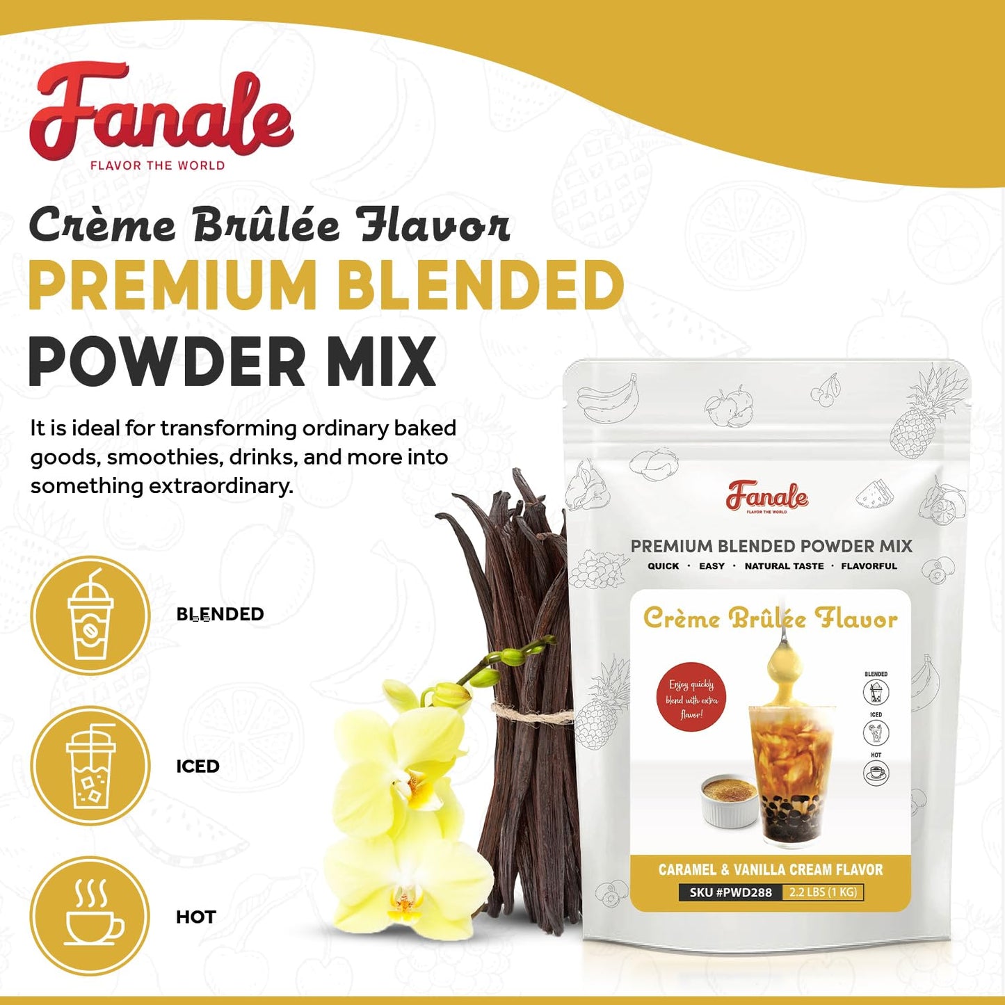 Fanale Premium Creme Brulee Bubble Tea Flavoring Powder | Perfect for Baking, Smoothies, Desserts and Drinks | Instant Flavoring Powder for Boba Milk Tea - 2.2 lb 1kg | PWD288