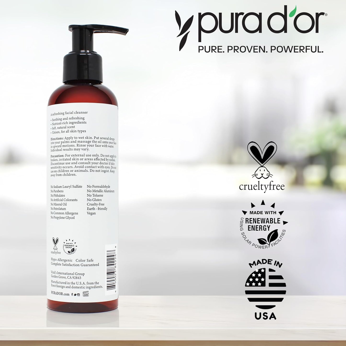 PURA D'OR 8 Oz Facial Cleansing Oil - Nourishing Botanical Blend with & Vitamin, Jojoba and Sunflower Oil - Gentle Makeup Remover & Deep Cleanser For Healthy, Glowing Skin - Paraben-Free Beauty
