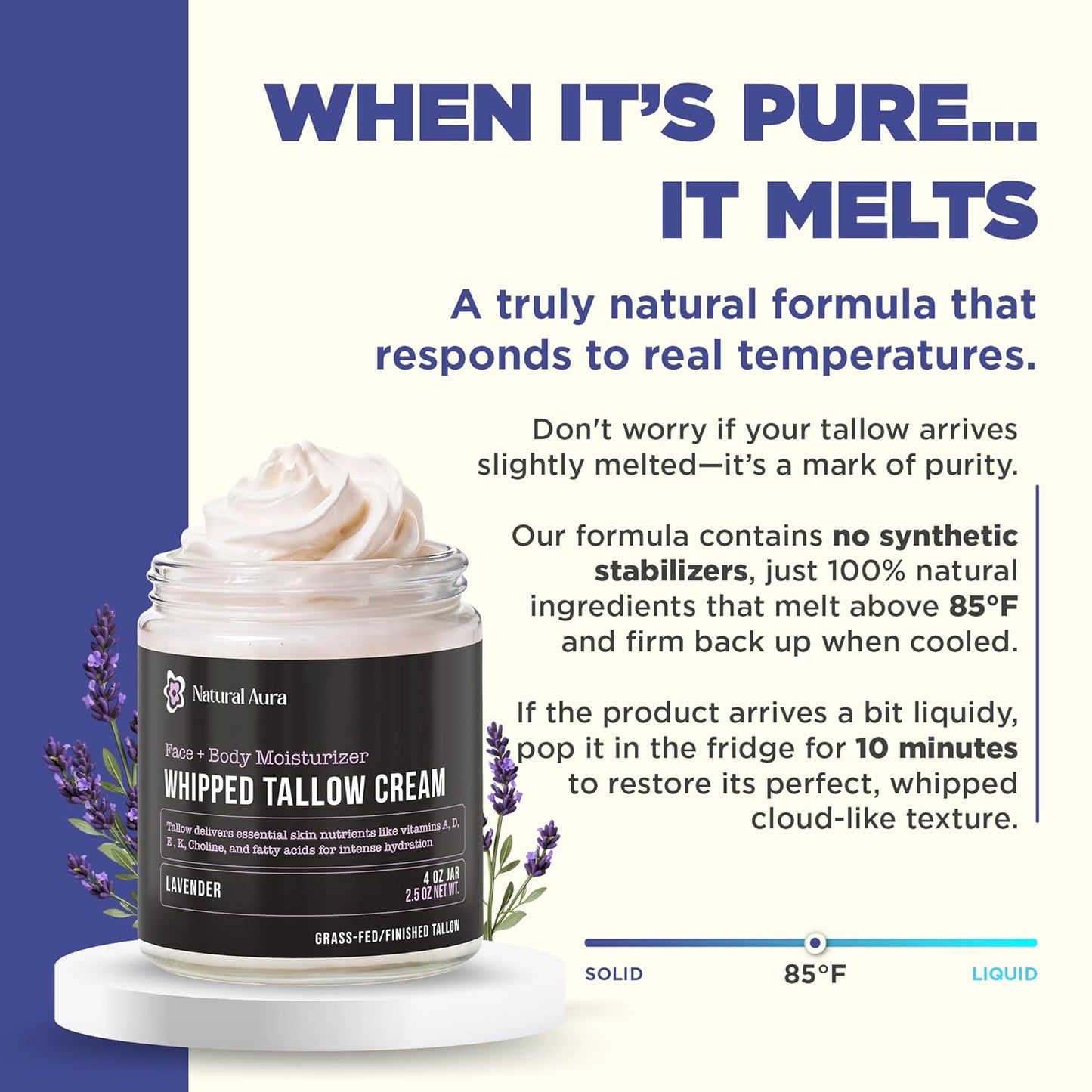 Whipped Beef Tallow for Skin - Face + Body Moisturizer, 100% Grass Fed Grass Finished Tallow and Honey Balm for Dry Skin - Natural Lotion - Free of Harsh Chemicals - 4oz, (Lavender)