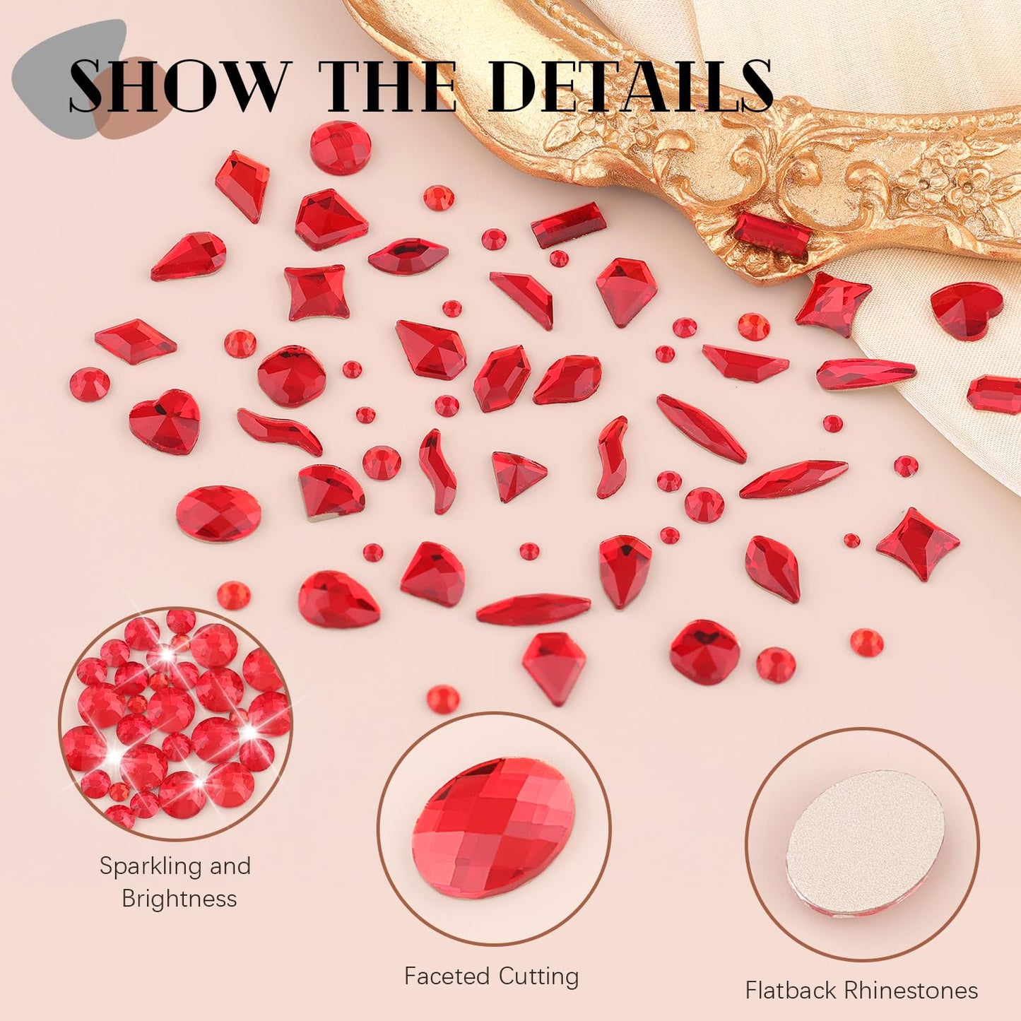1680Pcs Red Glass Nail Rhinestones 180Pcs Multi Shapes Flatback Nail Gems + 1500Pcs 1.5-4mm Round Crystal, Manicure Nail Charms Diamond Gemstones for Acrylic Nails Decoration