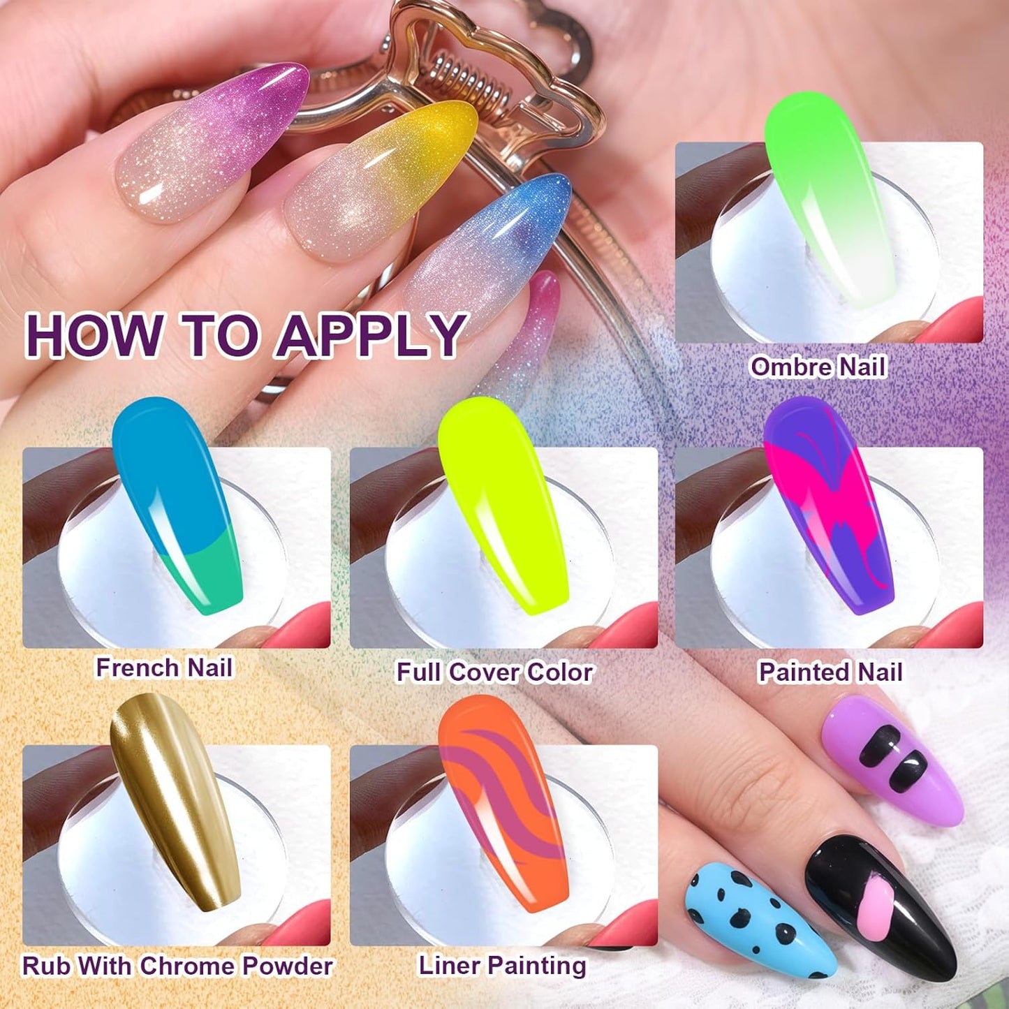 Gradient Gel Nail Set,16 Bright Neon Color for Ombre Fluorescent Jelly Nail Polish Platte, Pat Painting Gel French Nail Manicure No-wipe DIY Art Home Salon Soak of UV Cyber Gelight