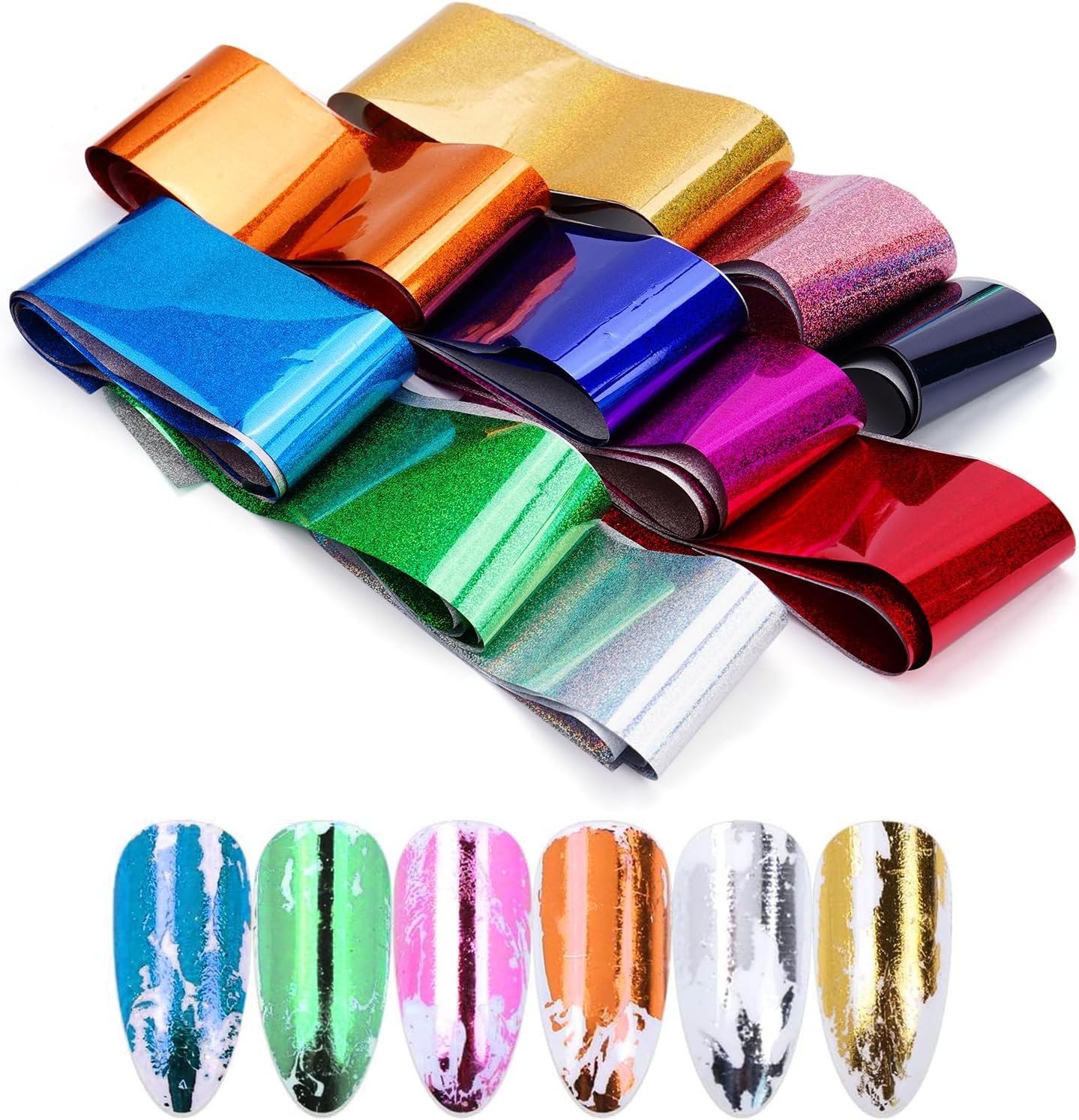 10 Sheets Holographic Nail Art Foil Transfer Stickers - Metallic Color Print Nail Decals 3D Self-Adhesive Stickers DIY Manicure Decoration Kit