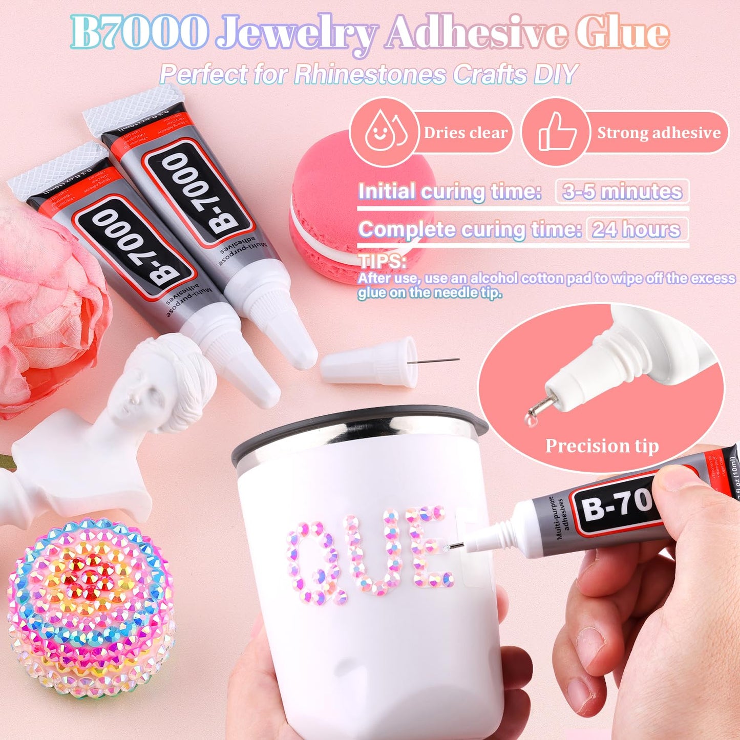 25000Pcs Resin Rhinestones with B7000 Jewelry Glue for Crafting, Light Pink AB 2-6mm Non Hotfix Flatback Gems, Bedazzling Crystal for DIY Crafts Clothing Tumblers Mugs Shoes Fabric Decor Nail Art