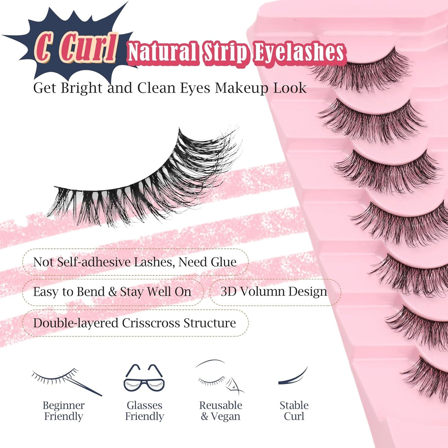 Natural Lashes Fake Eyelashes Pack C Curl Strip Lash 7 Pair Siligli