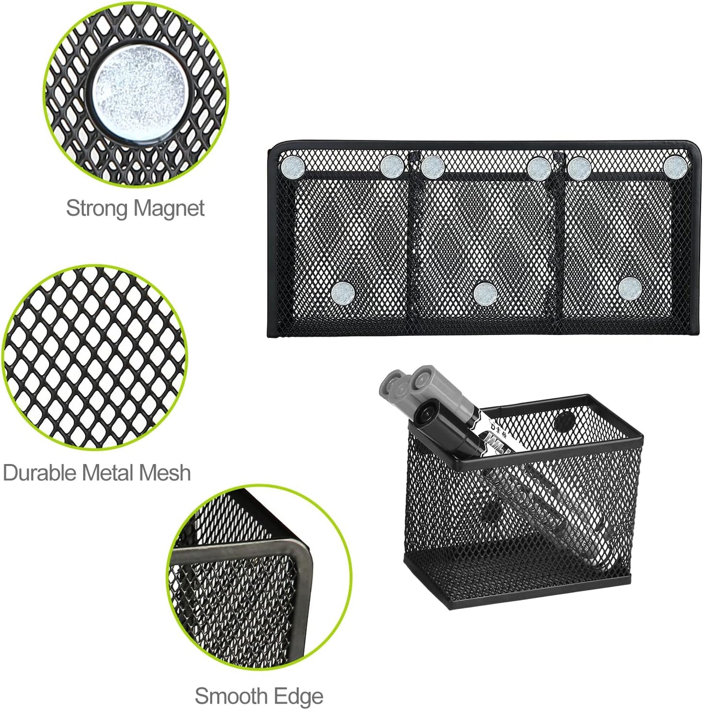 Neudeco Magnetic Pencil Holder, Locker Shelf Organizer, Metal Storage Basket for Whiteboard, Refrigerator, Ideal Cabinet for School, Black (Pack 4)