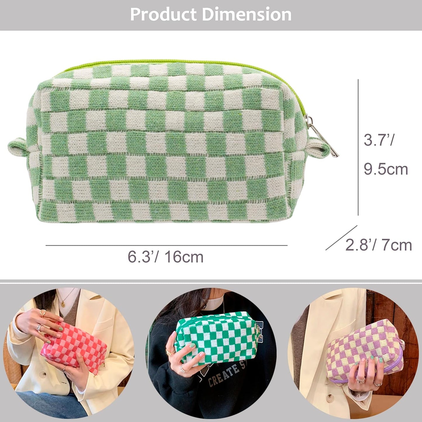 PAZIMIIK Checkered Makeup Bag for Purse Portable Zipper Make Up Pouch Small Cosmetic Case for Travel Accessories (2PCS Light Green)