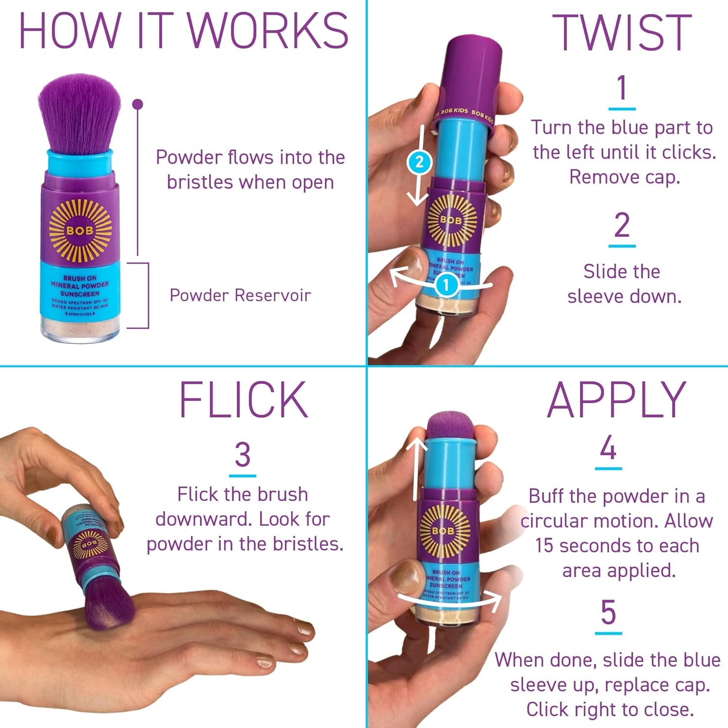 BOB KIDS SPF 30 Brush On Mineral Powder Sunscreen, Broad Spectrum Protection, Water Resistant 80 Mins, Fragrance Free, Easy to Apply for Kids & Babies, Mfg in USA