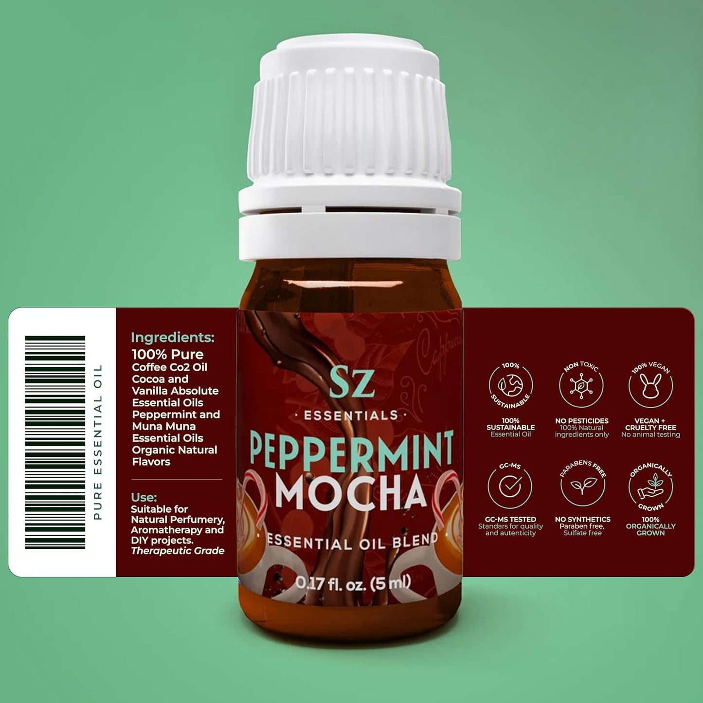 Peppermint Mocha Premium Essential Oil for Diffuser 100% Pure Essential Undiluted Oil - Extracted from Peppermint, Coffee, Cocoa with Vanilla Overtones - Plant Based - 0.17 Fl Oz (5ml)