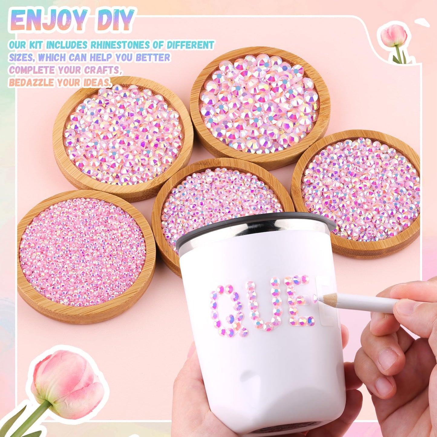 25000Pcs Resin Rhinestones with Tweezers for Crafting, 2-6mm Mixed Sizes (Light Pink AB) Non Hotfix Flatback Gems, Bedazzling Crystal for DIY Crafts Clothing Tumblers Mugs Shoes Decor Nail Art