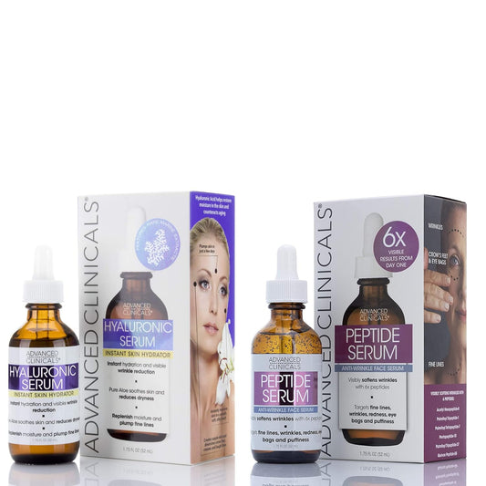 Advanced Clinicals Hyaluronic Acid Face Serum & Peptide Facial Serum Skin Care Bundle W/Collagen Skincare Set. Hydrating Serums For Wrinkles, Dry Skin, Fine Lines, 1.75 Fl Oz (Set of 2)