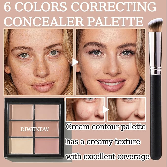 6 Colors Correcting Concealer Palette,Colors Corrector Palette,Moisturizing Full Coverage Liquid Foundation Cream Contour Makeup Palette with Brush